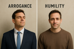 Left shows arrogance, right shows humility. Elements of humility in marriage could be highlighted.