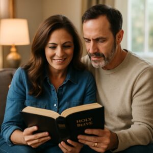 A couple is reading from a book "Holy Bible" together, smiling and sharing a peaceful moment, reflecting on proactive marriage.