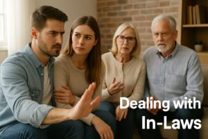 A family appears tense and the text reads "Dealing with In-Laws".