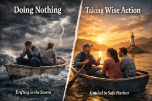 A split image of a couple in a row boat alone and with a guide