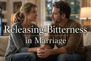 Married couple sitting on couch, holding hands and staring at each other.