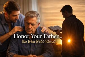 Father sitting with adult son standing behind him