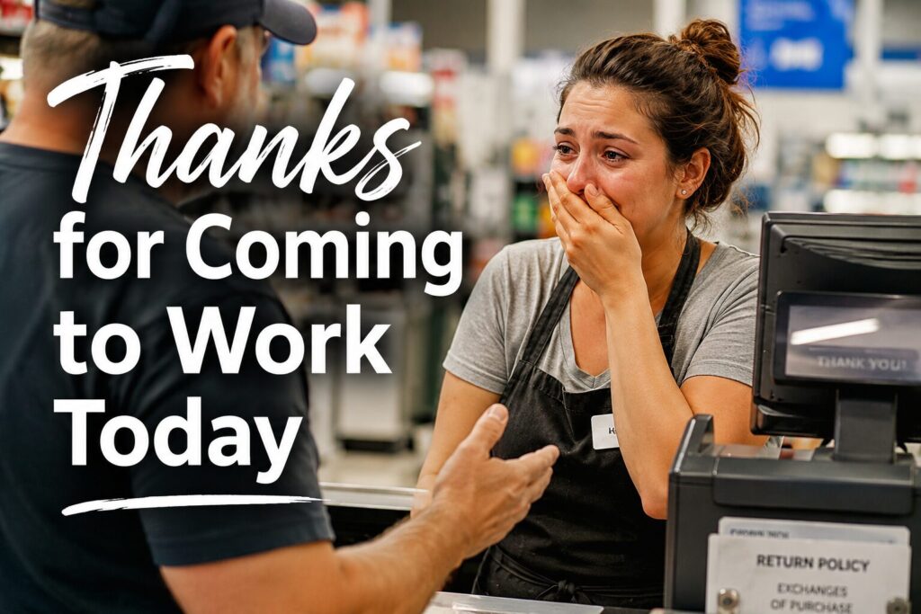 A female cashier looking surprised and happy by something a customer said to her.