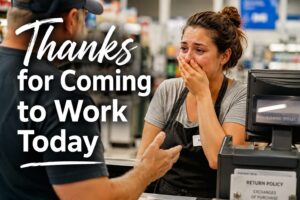 A female cashier looking surprised and happy by something a customer said to her.