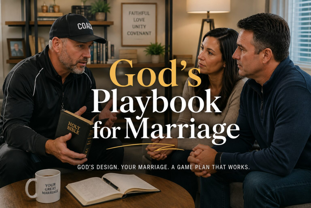 Married couple sitting on the couch next to a man holding the Bible and wearing a hat that says "Coach"
