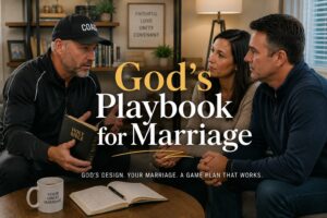 Married couple sitting on the couch next to a man holding the Bible and wearing a hat that says "Coach"