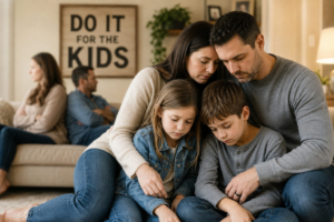 Husband and wife in the background, facing away and not speaking with a closeup shot of the husband and wife with their two children.
