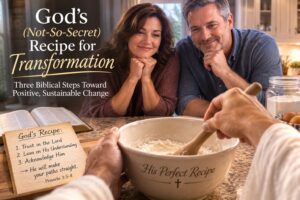 Married couple in the kitchen with a mixing bowl in front of them.