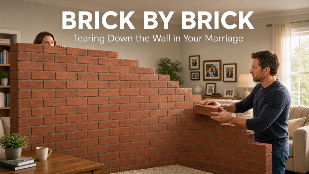 Image of a married couple stacking bricks on a wall.