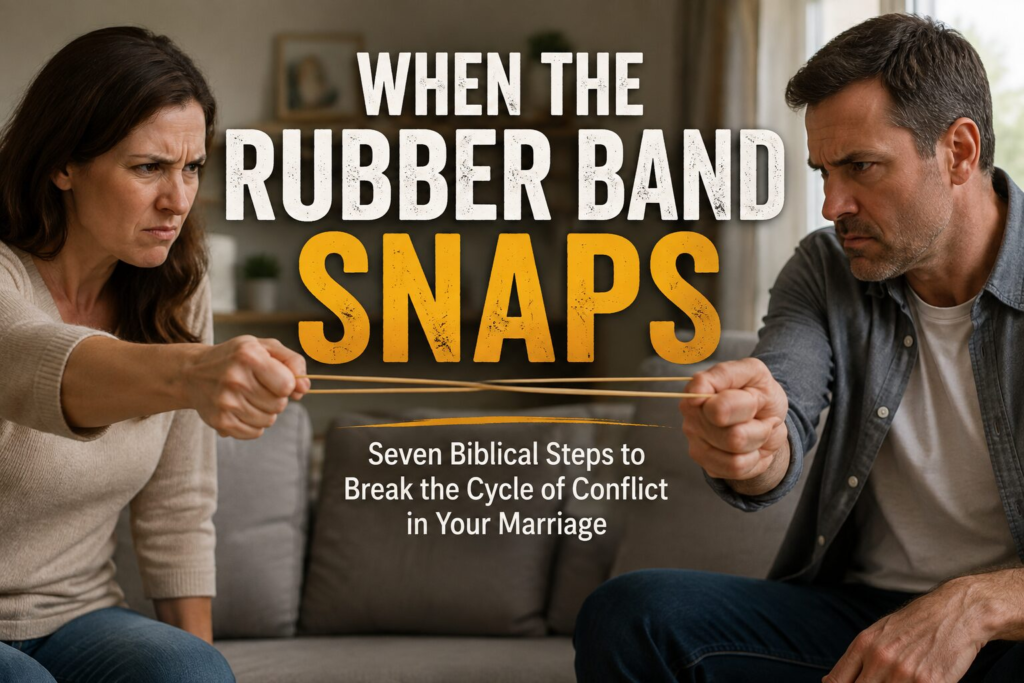 A couple sitting next to each other, holding one end of a rubber band and stretching it out.