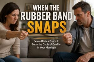 A couple sitting next to each other, holding one end of a rubber band and stretching it out.