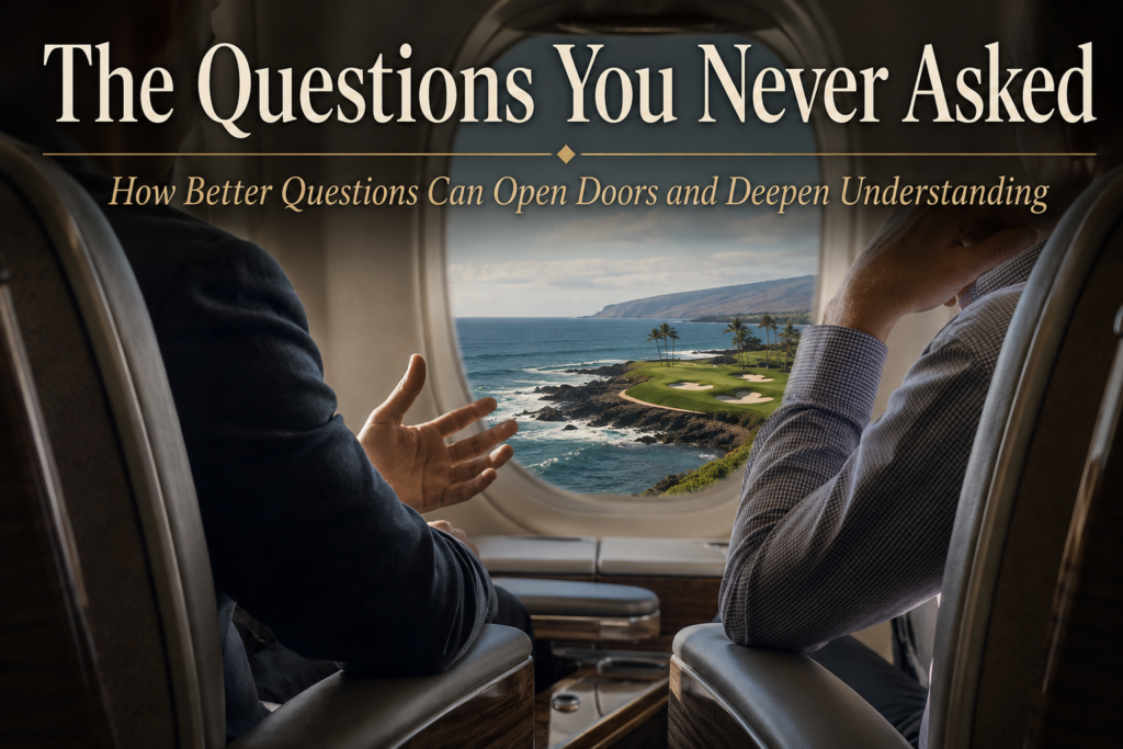 Close up of a couple sitting on an airplane with a tropical background through the plane window.