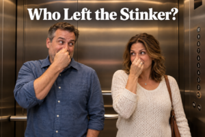 Couple standing on elevator, holding their noses.